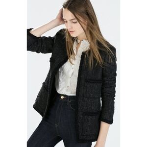 ZARA Black Structured Woven Jacket with Pockets Women's Size XS